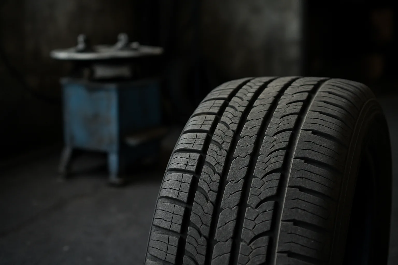 Tire tread detail on workshop stand
