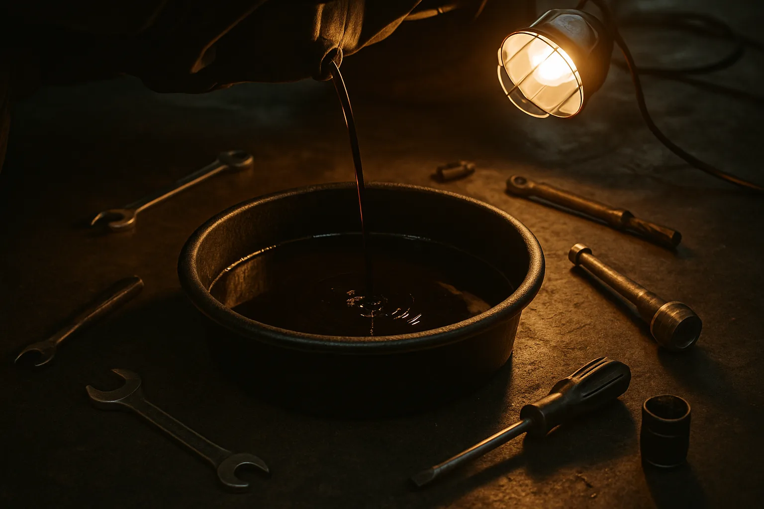 Oil change in progress with drain pan